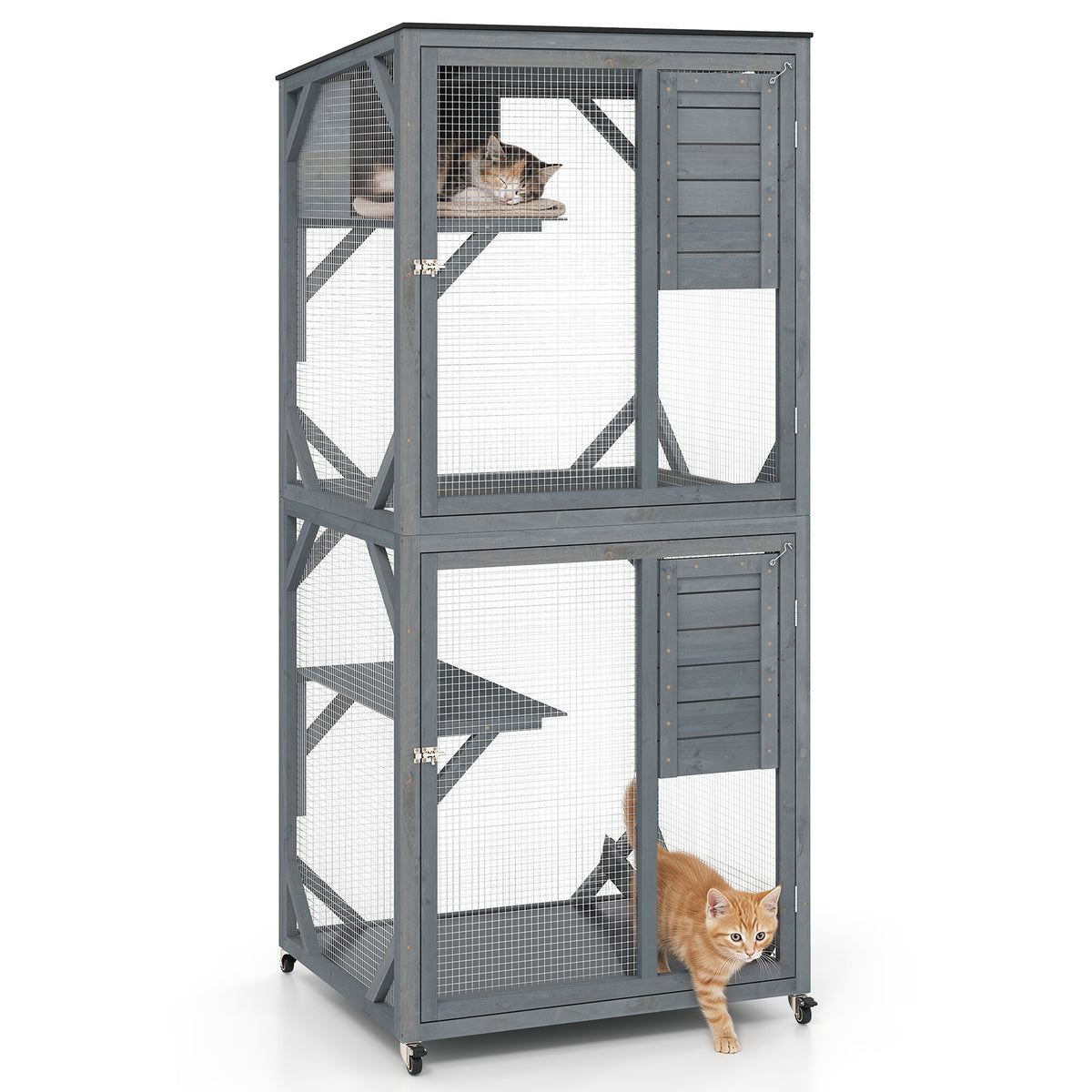 The cat furniture with three cats playing on the platforms and inside the condo