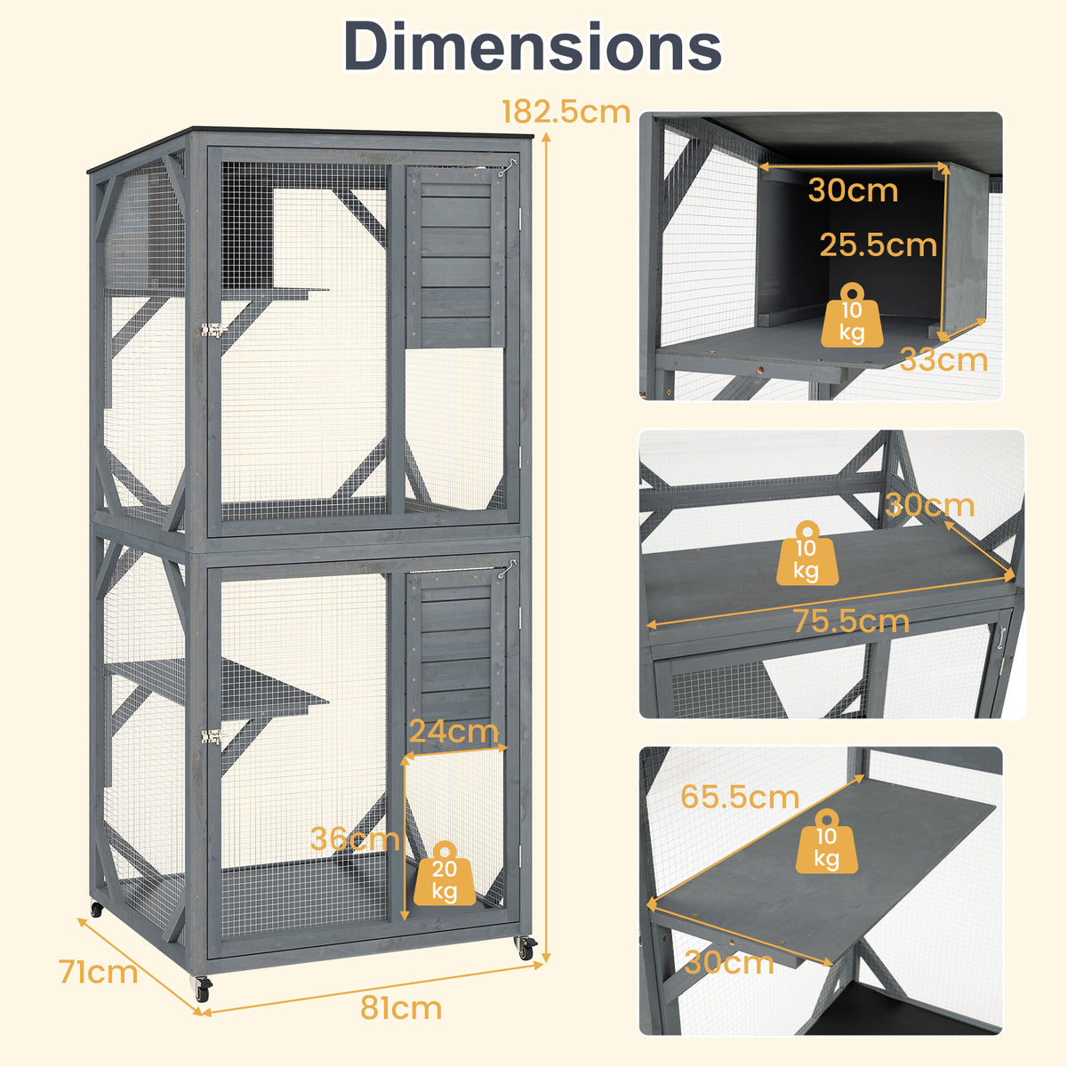 the cat enclosure with technical drawings highlighting the dimensions of the platforms and condo