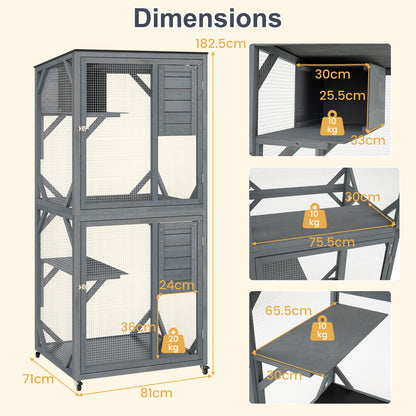 the cat enclosure with technical drawings highlighting the dimensions of the platforms and condo