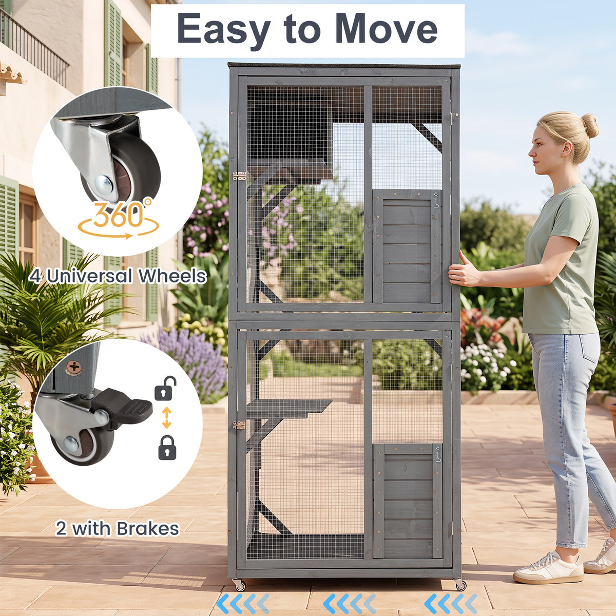 The cat furniture being pushed by a person on a patio to show the rolling wheels