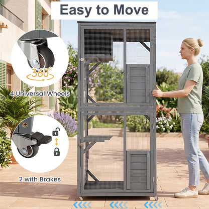 The cat furniture being pushed by a person on a patio to show the rolling wheels