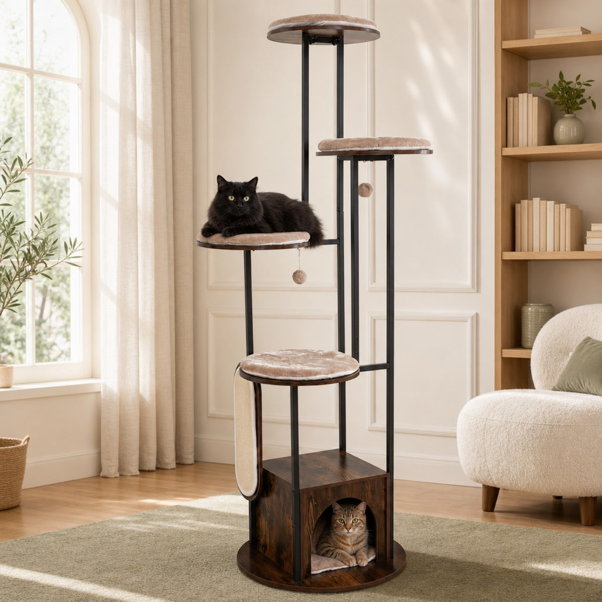 The modern cat tree tower is shown in a living room with a black cat on a platform and another cat in the condo