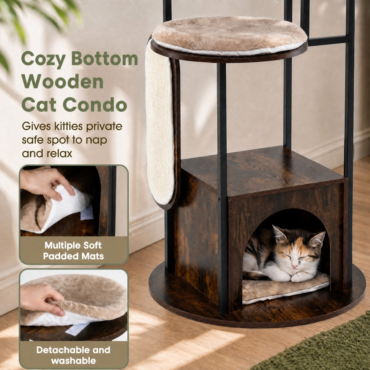 Close up of the cat condo showing a cat inside and details of the washable mats