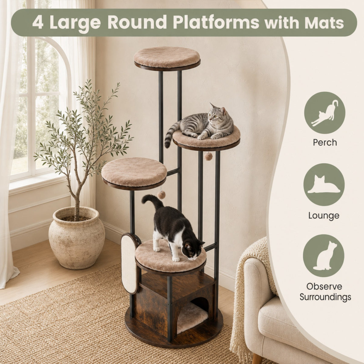 Four large round platforms with mats on the modern cat tree tower