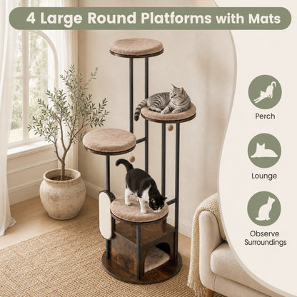 Four large round platforms with mats on the modern cat tree tower