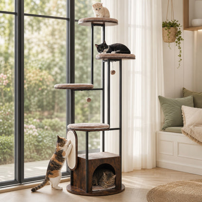 The tall cat tree tower is shown in a bright room with cats playing on it