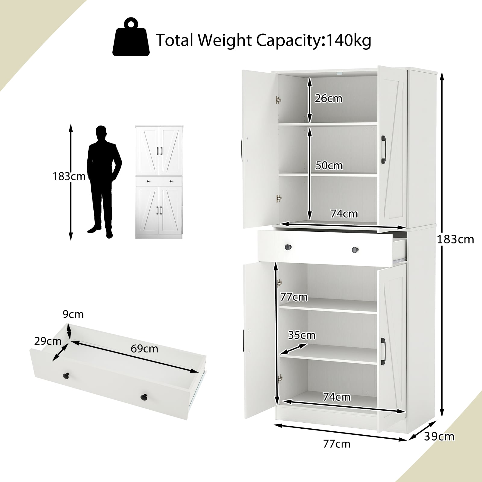 183cm Tall Kitchen Pantry with 4 Barn Doors and 3 Adjustable Shelves-White