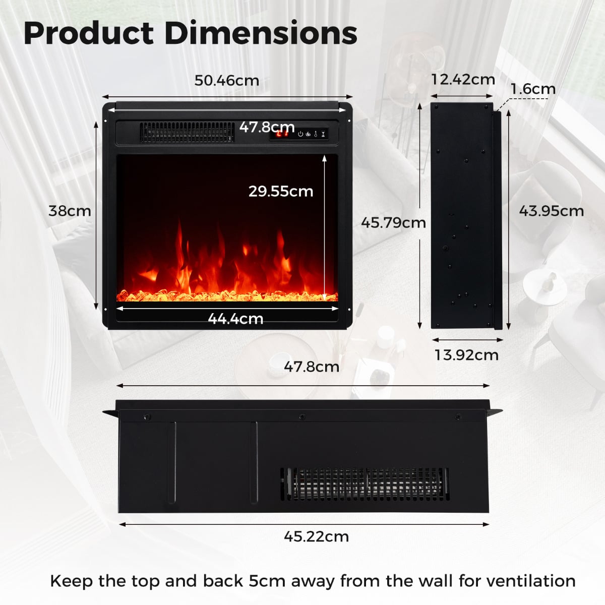 18” Electric Fireplace Insert 750W/1500W Fireplace Heater