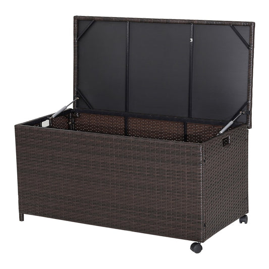 190L Deck Storage Box patio rattan storage container with 2 wheels, brown woven exterior and open lid