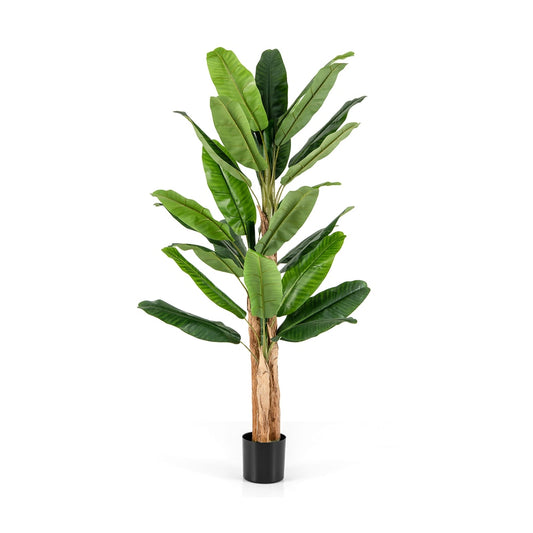 195cm Tall Artificial Banana Tree with 27 Large Leaves, a full shot of the plant in a black pot