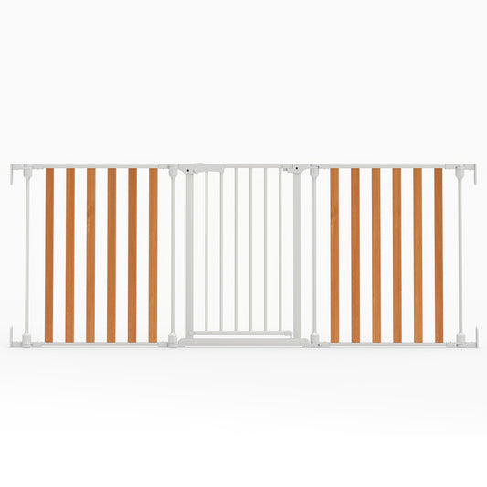 198 CM Extra Wide Configurable Baby Gate, a three-panel wooden and metal pet gate in natural and white