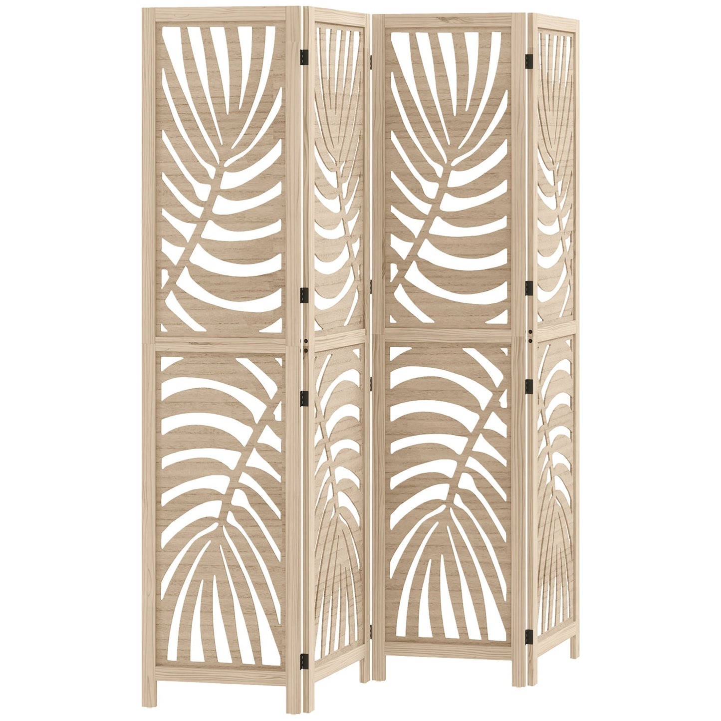 HOMCOM 4 Panel Privacy Screens, Detachable Folding Room Divider with Palm Leaf Design for Home Office, Natural Wood Finish