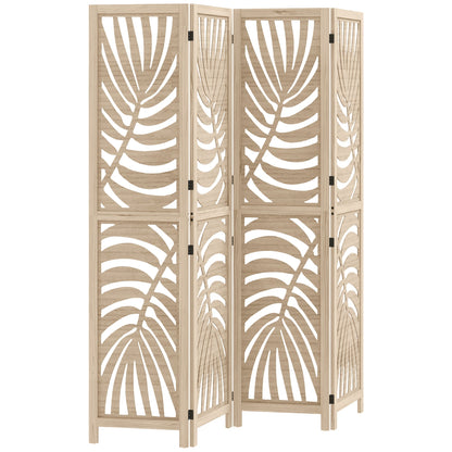 HOMCOM 4 Panel Privacy Screens, Detachable Folding Room Divider with Palm Leaf Design for Home Office, Natural Wood Finish