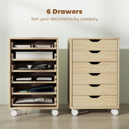 HOMCOM 6 Drawer Vertical File Cabinet, Mobile Filing Cabinet with Quiet Drawers and Wheels with 2 Brakes, Oak Wood Effect