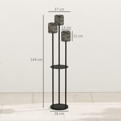 Outsunny Boho Rattan Floor Lamp, 3-Lights Rattan Lamp with Shelf, Freestanding Solar Garden Light with Auto On/Off Lights, Grey