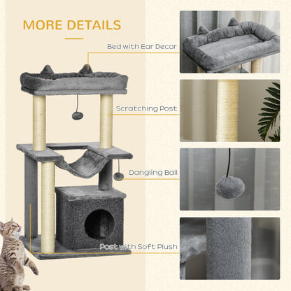 PawHut Cat Tree, 90cm Cat Tower with Sisal Scratching Posts, Cat Condo, Hammock, Top Perch and 2 Hanging Toys for Cats, Grey
