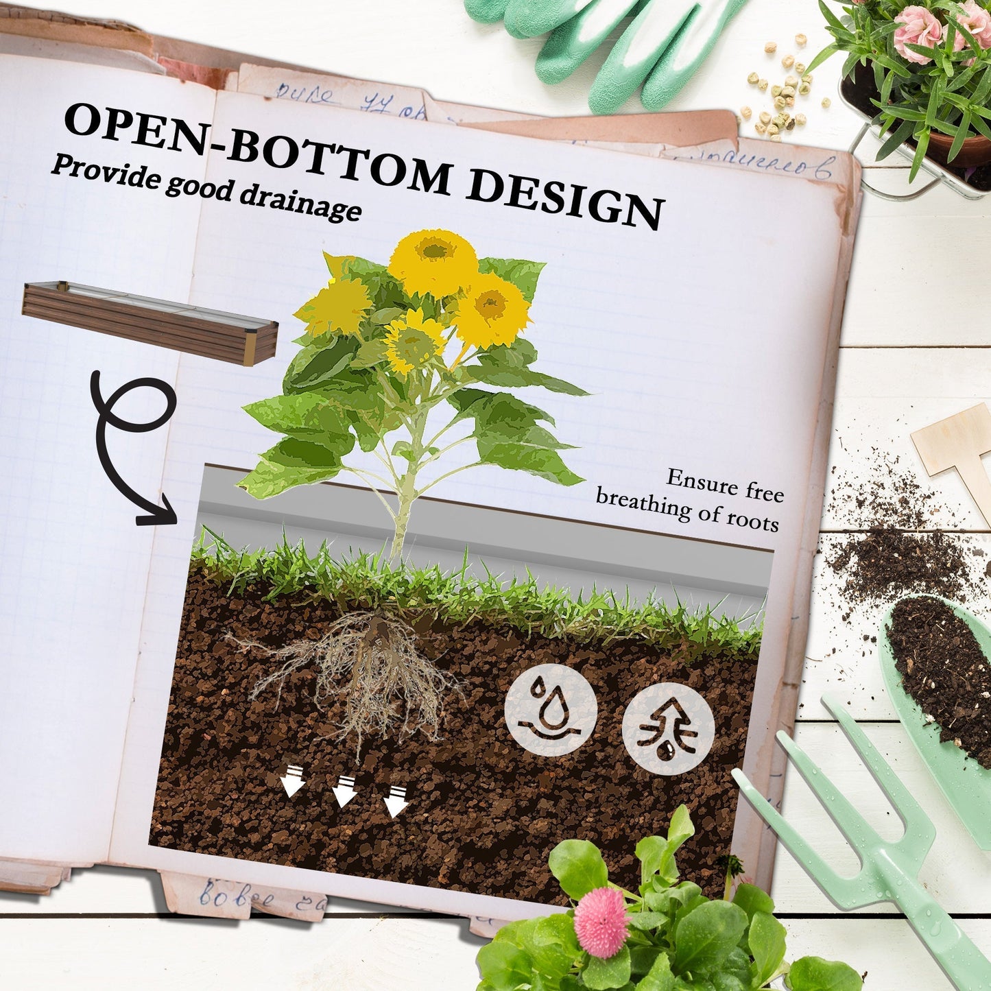 Outsunny 60 x 240cm Galvanised Steel Planter, with Open Bottom, Brown