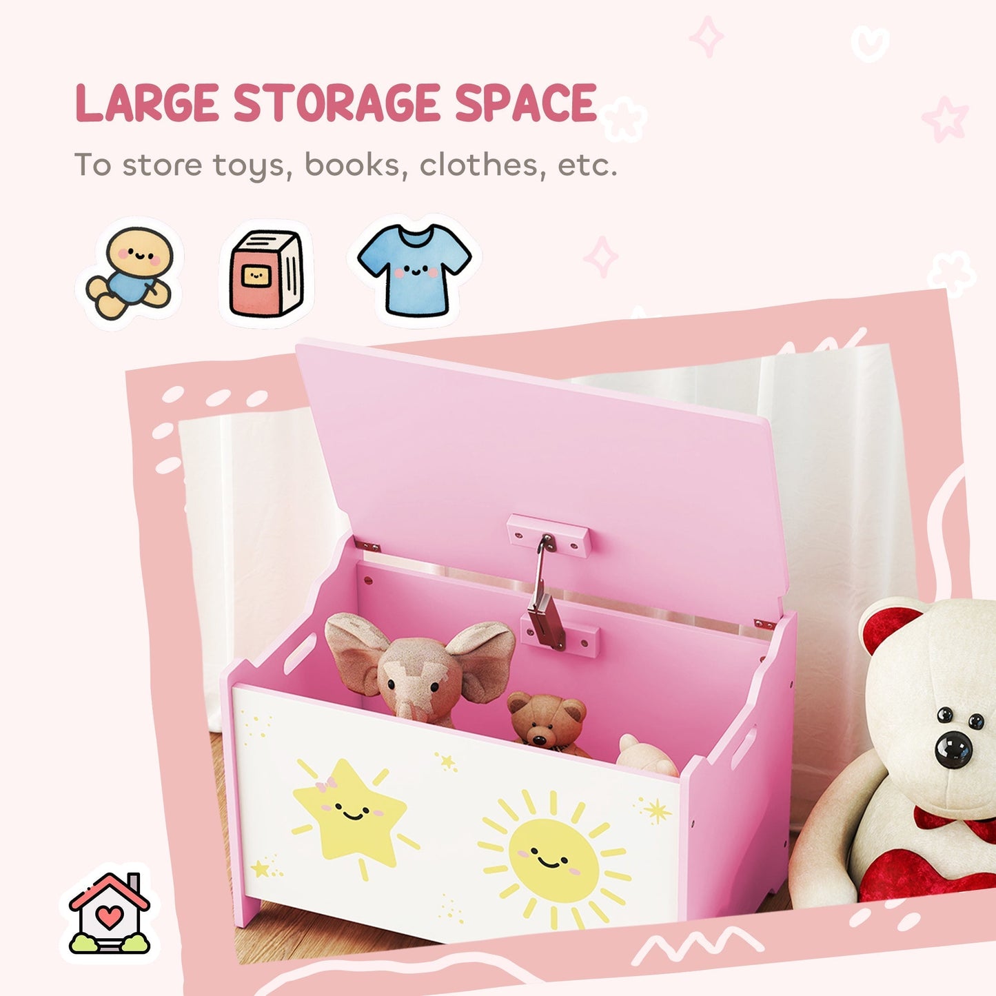 AIYAPLAY Toy Box with Lid, Safety Hinges and Groove Handles, Toy Storage organiser for Kids, Living Room, Playroom, Pink