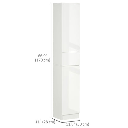 kleankin Luxury Tall Bathroom Cabinet with High Gloss Panel, Sleek White Bathroom Cabinet with Push-to-Open Door, White