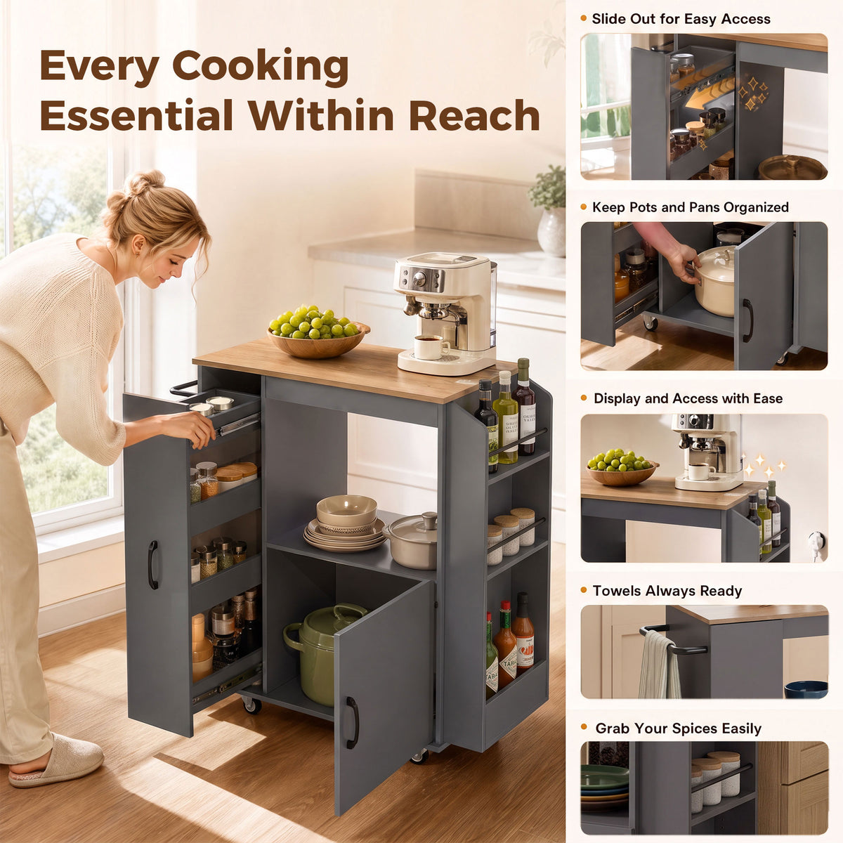 HOMCOM Kitchen Trolley on Wheels in Grey