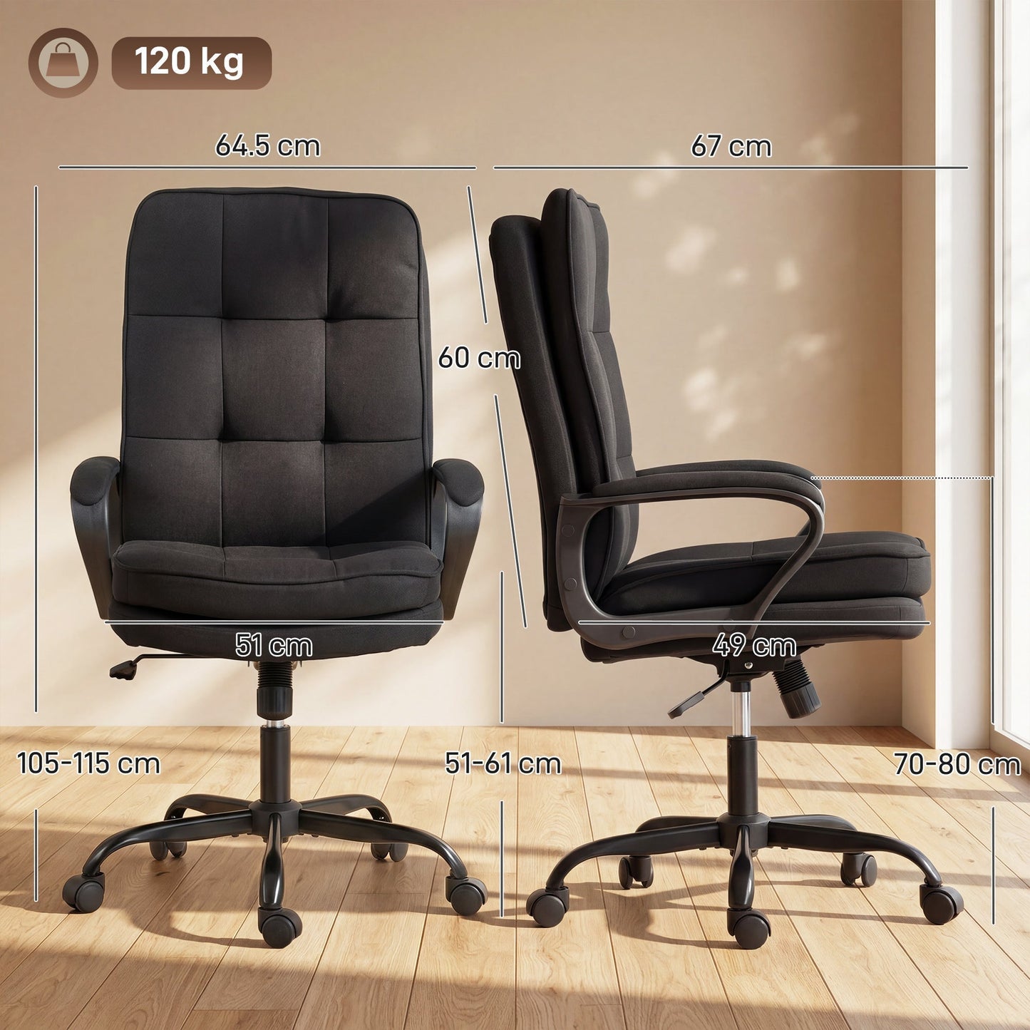 HOMCOM Double Padded Linen-Look Office Chair - Black