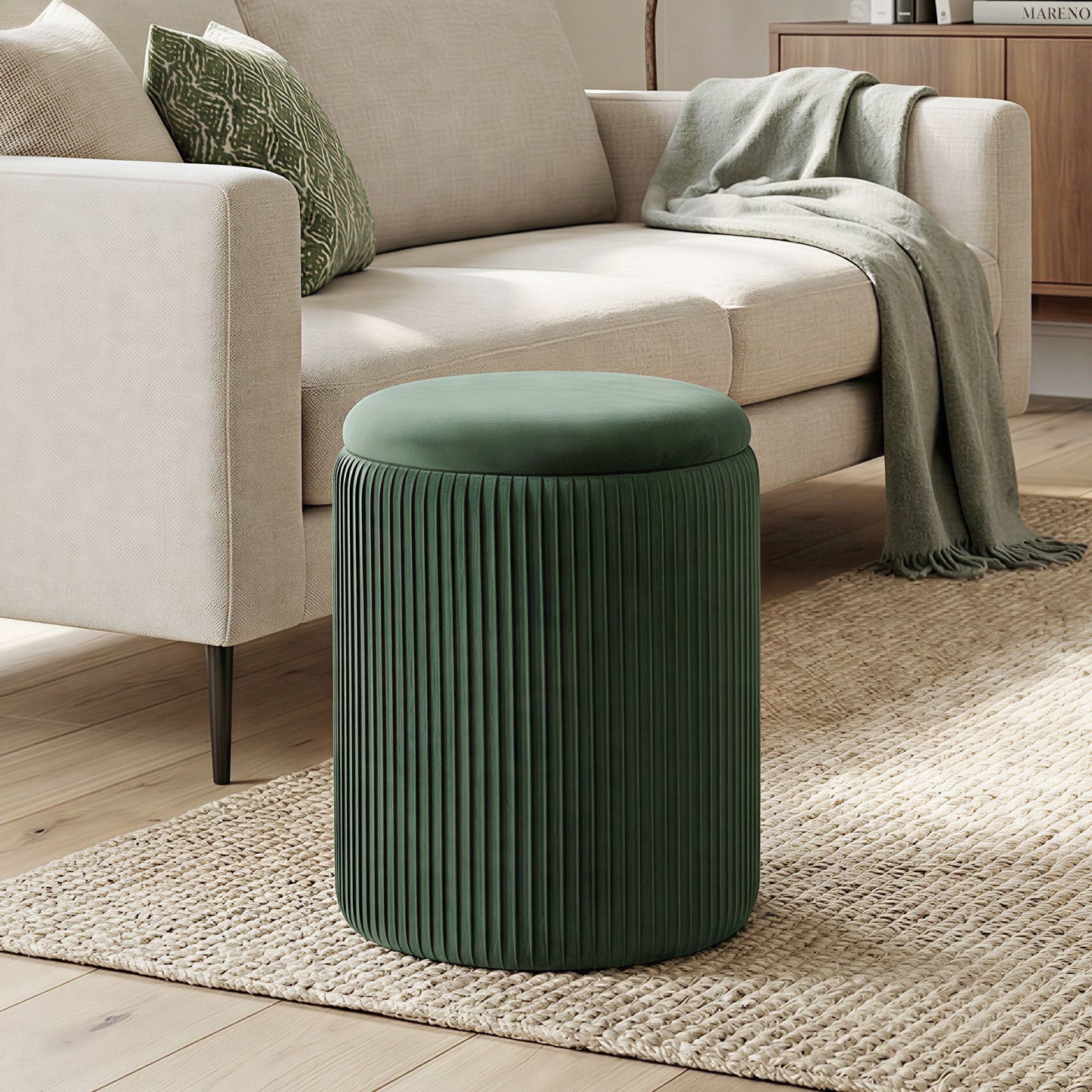 HOMCOM Storage Ottoman مسند قدم دائري عصري مخملي لغرفة المعيشة وغرفة النوم 45 سم أخضر داكن