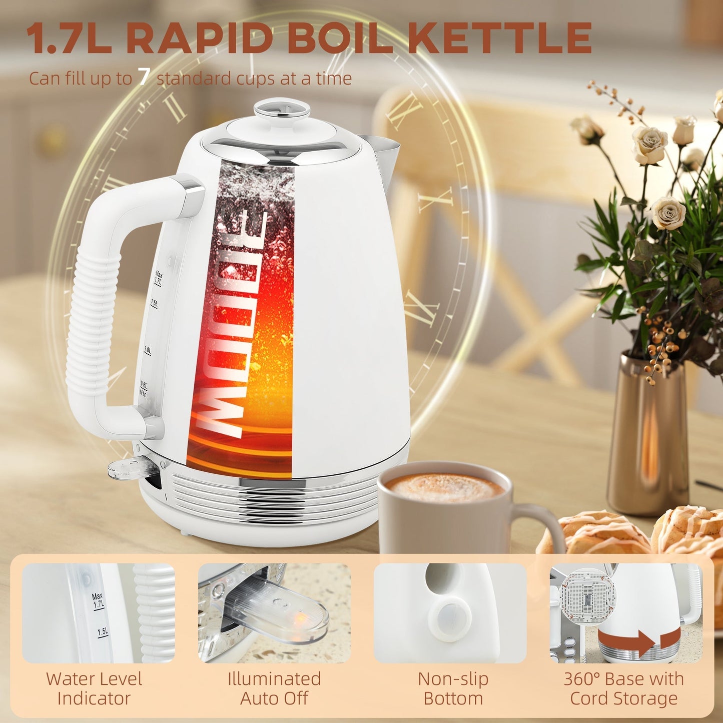 HOMCOM Stainless Steel Kettle and Toaster Set, 1.7L 3000W Rapid Boil Jug Kettle with UK Strix Thermostat, Limescale Filter, 4 Slice Toaster with 7 Browning Controls, Crumb Tray, White and Silver Tone