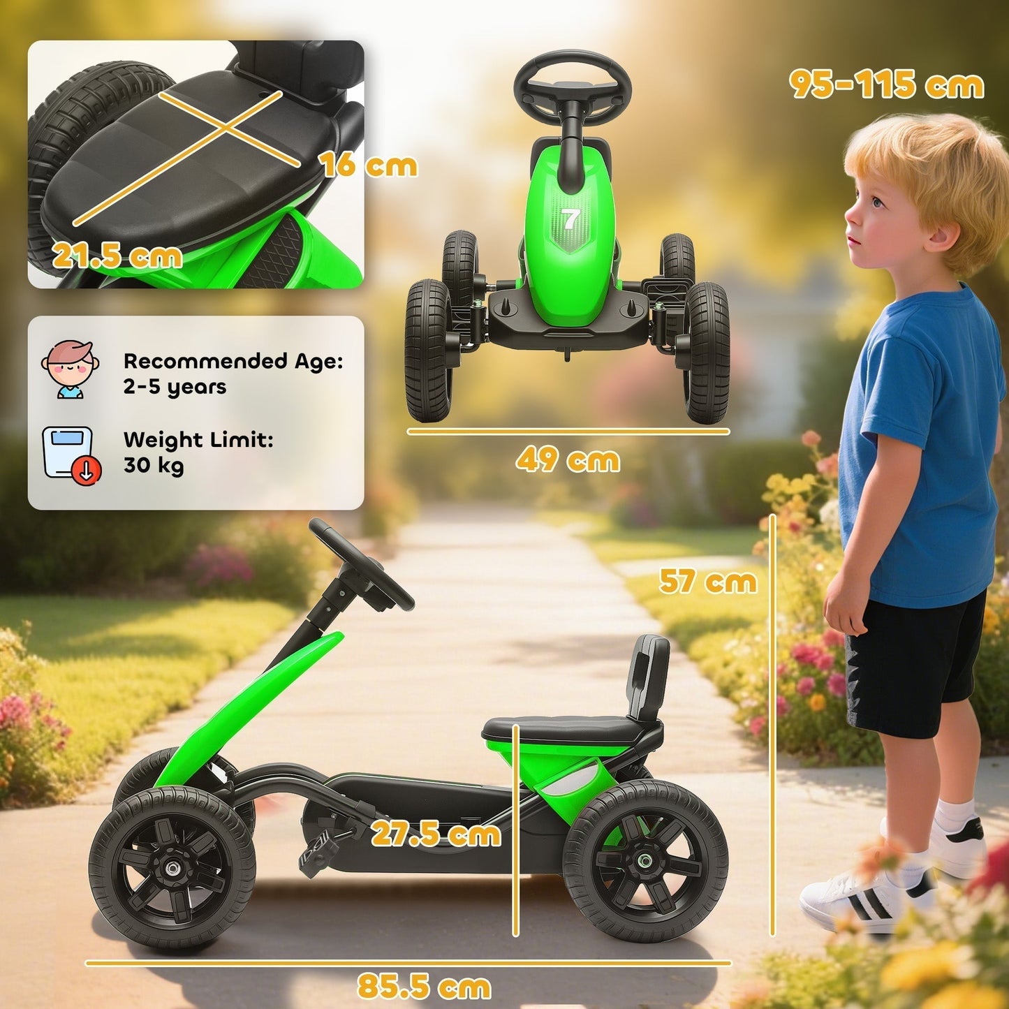 AIYAPLAY Pedal Go Kart for Kids 2-5 Years, with Silent EVA Wheels, Metal Frame, Green