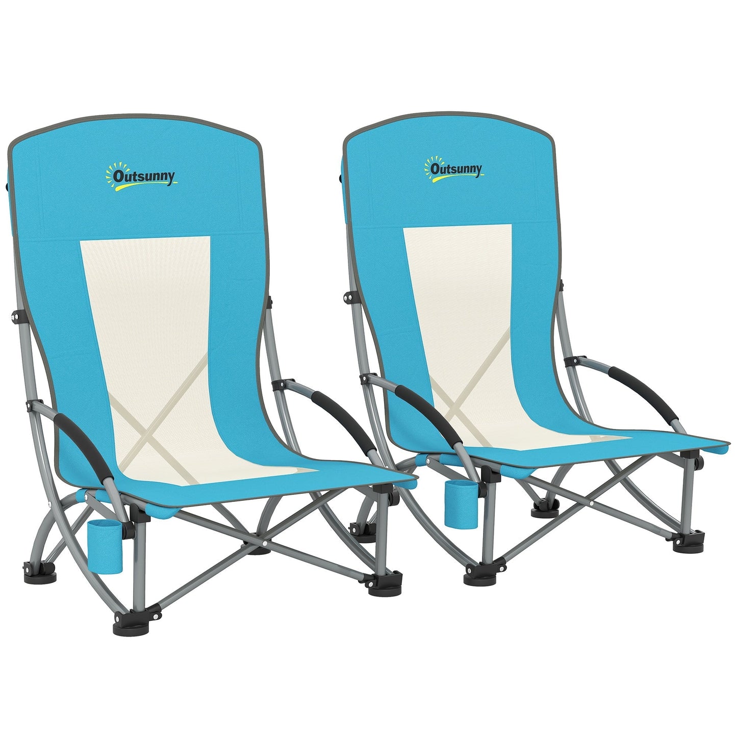 كرسي شاطئ قابل للطي من قطعتين من آوت سني، كرسي تخييم منخفض بظهر شبكي وحقيبة حمل وحامل أكواب للحديقة والنزهات الخارجية والمهرجانات والسفر، أزرق