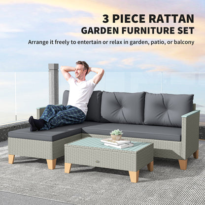 طقم أثاث حديقة من 3 قطع من Rattan Outsunny، أثاث استرخاء بشكل حرف L للحديقة مع طاولة قهوة بسطح خشبي ووسائد سميكة، رمادي فحم