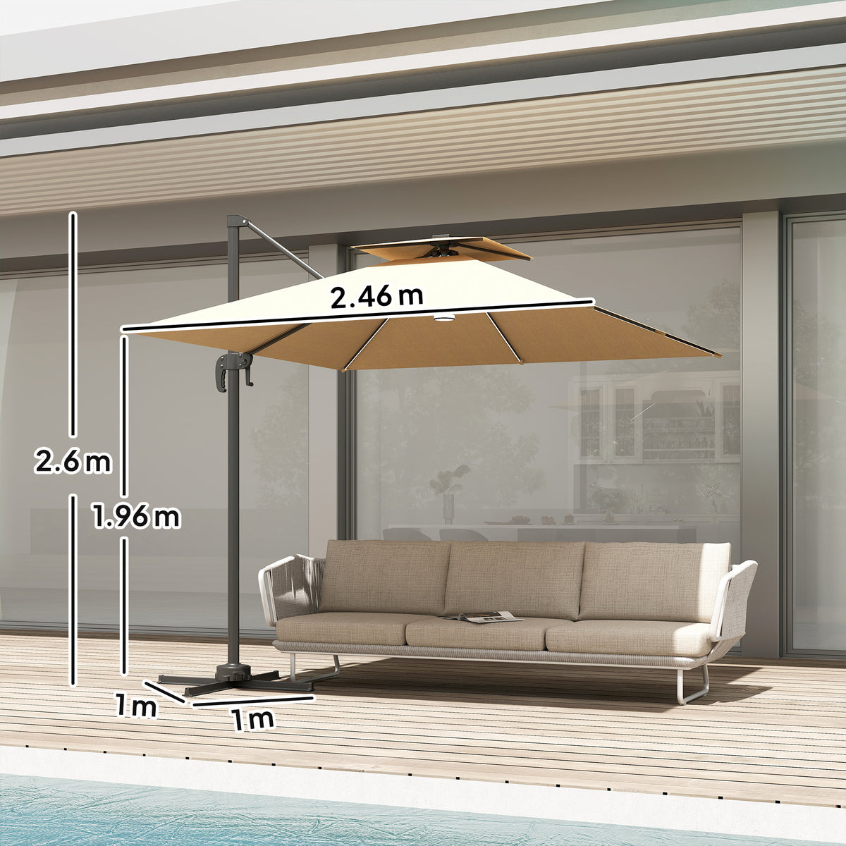 Outsunny 2.5m Cantilever Parasol with Solar Powered LED Lights in Khaki