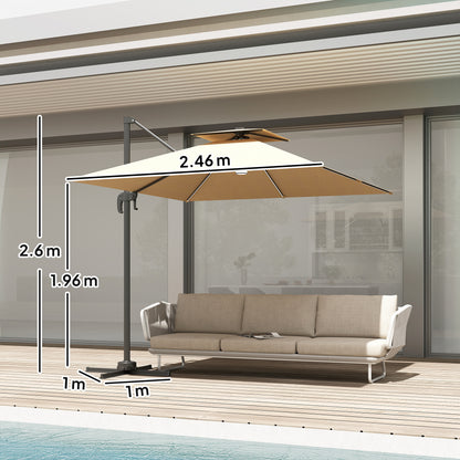 Outsunny 2.5m Cantilever Parasol with Solar Powered LED Lights in Khaki