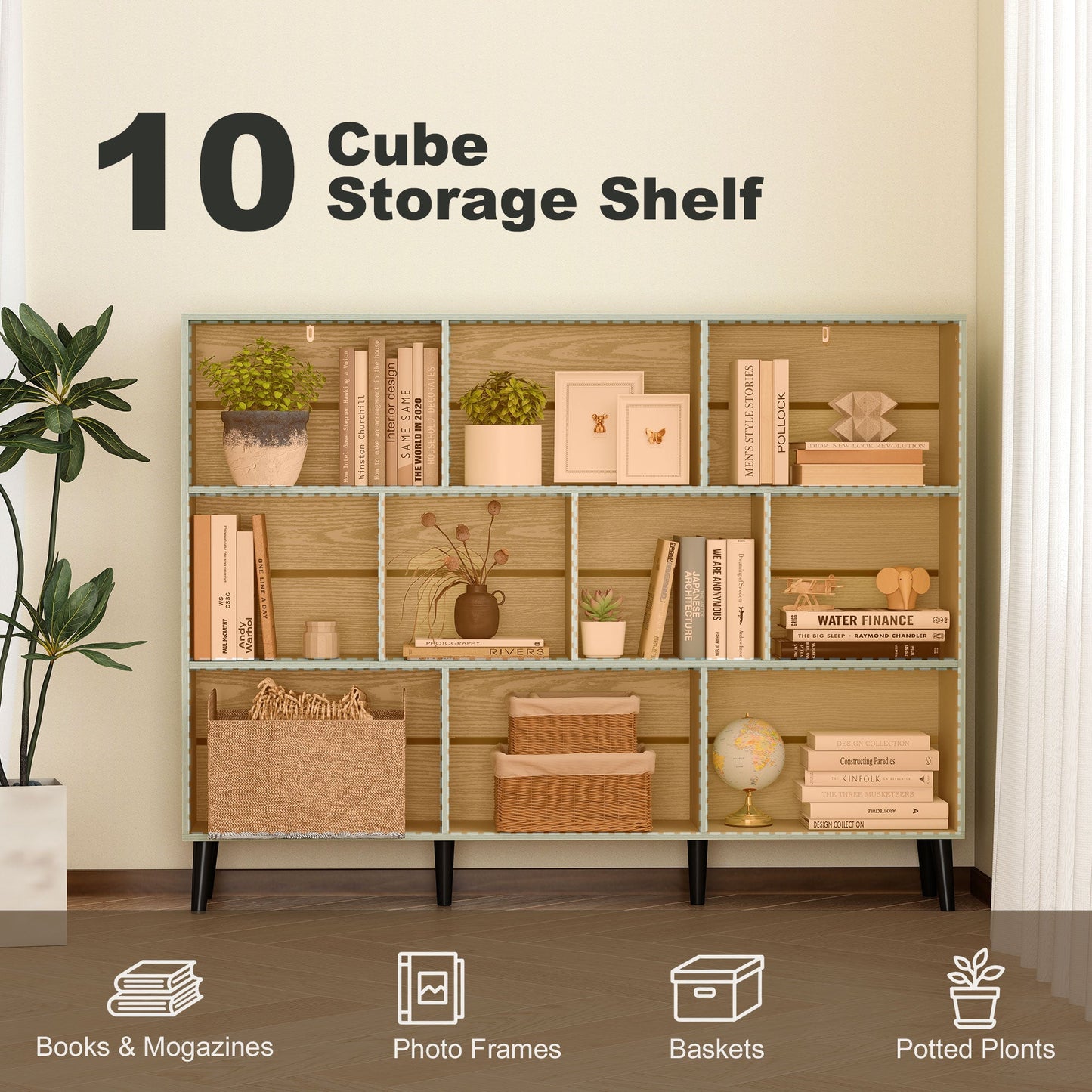 HOMCOM 10-Cube Bookcase, 3-Tier Book Shelf with Solid Wood Legs, 140 cm Modern Bookshelf with Anti-Tip Kit, Light Green