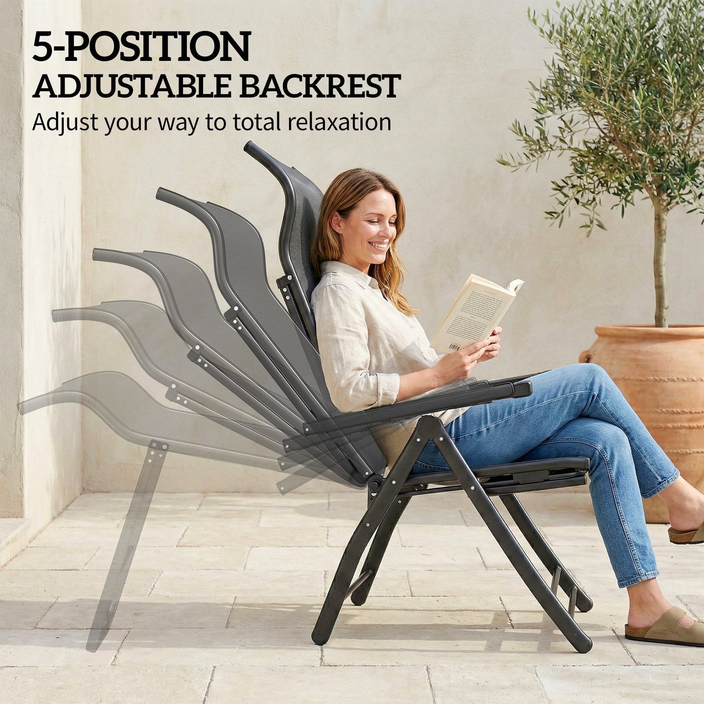 Outsunny Reclining Garden Chairs Set of 2, 5-Position Folding Sun Loungers with High Back, Retractable Footrest, Dark Grey