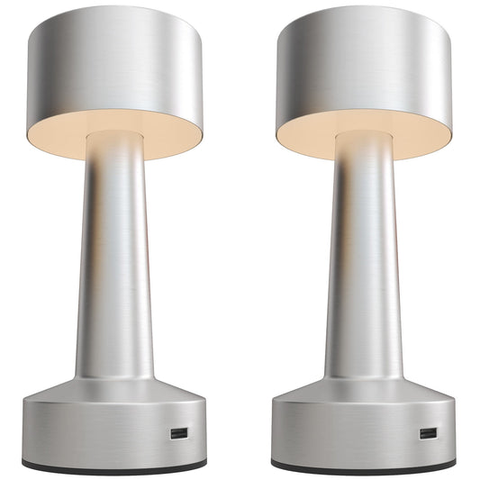 2 Pack Cordless Table Lamp, Touch LED Desk Lamp with Rechargeable Battery, 3 Colour, for Bedroom Living Room, Silver
