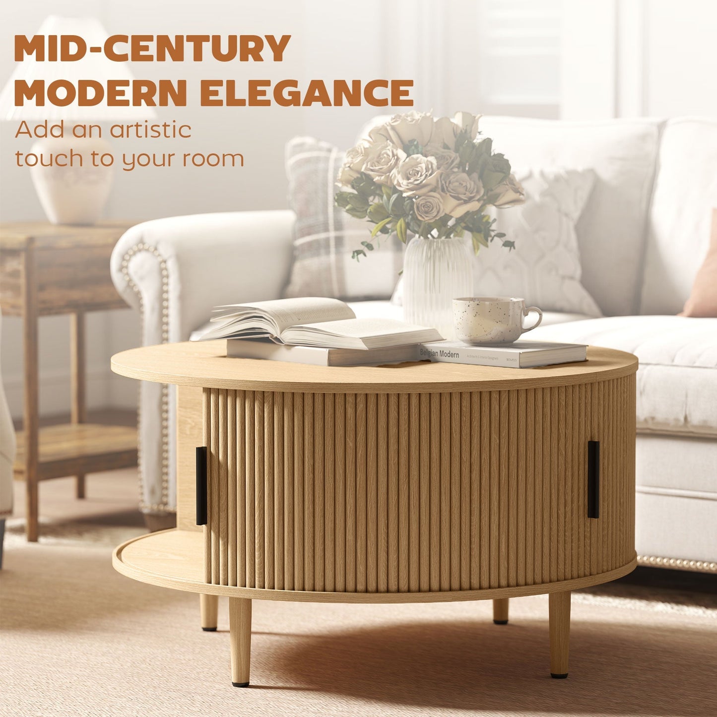 HOMCOM Coffee Table with Lift Top and Hidden Storage, Round Centre Table with Fluted Sliding Door, 80 cm, Natural Wood