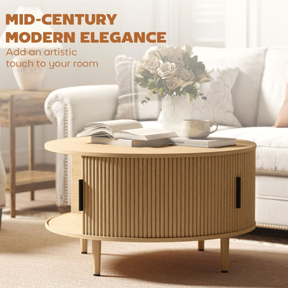HOMCOM Coffee Table with Lift Top and Hidden Storage, Round Centre Table with Fluted Sliding Door, 80 cm, Natural Wood