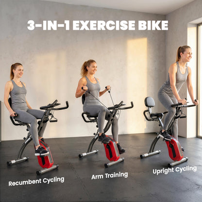 SPORTNOW 3-In-1 Folding Exercise Bike with Resistance Bands, Bluetooth App, 8-Level Magnetic Resistance, LCD Display, Red