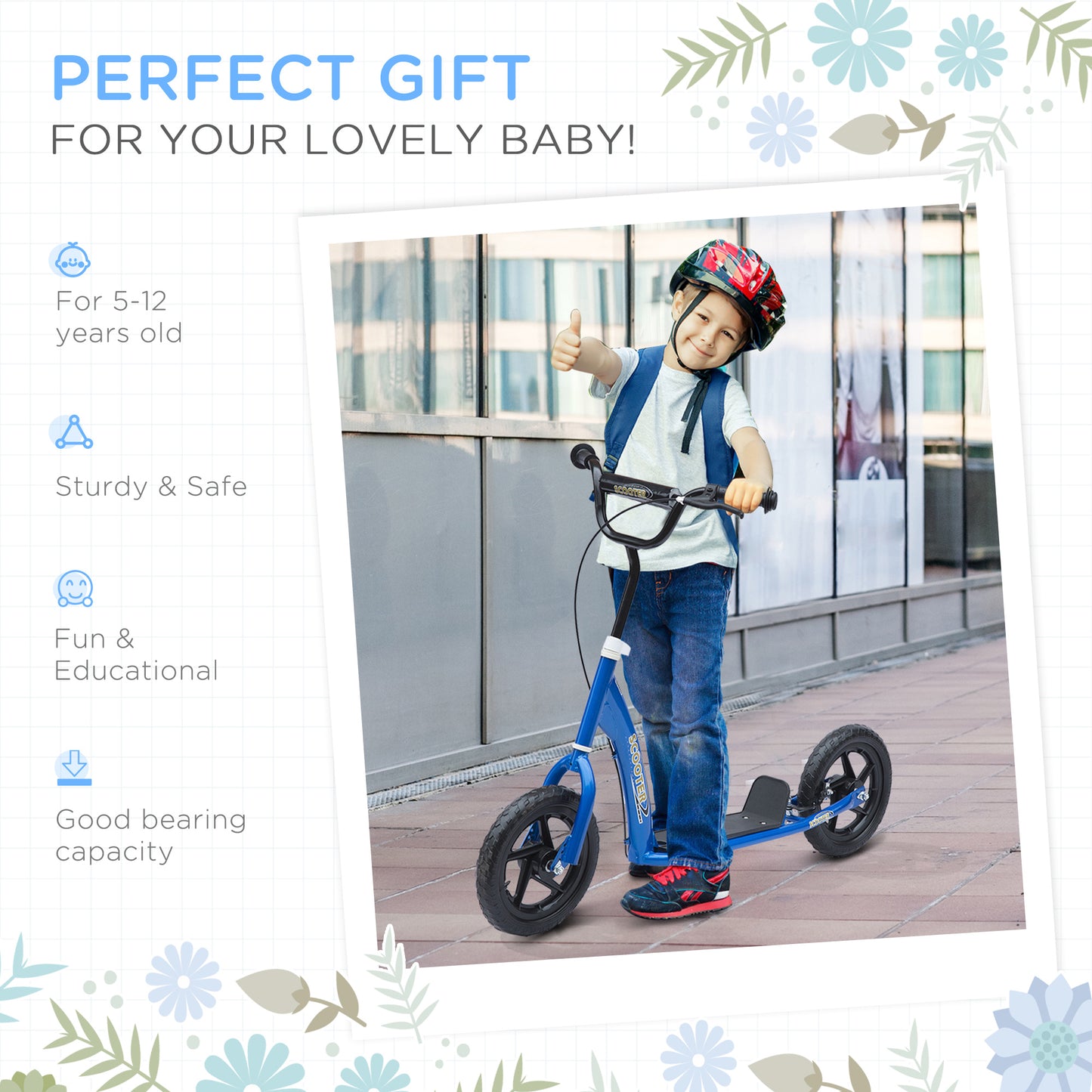 HOMCOM Kids Scooter Kick Scooter, with 12" EVA Tyres, Rear Brake, Big Wheels Scooter for 5-12 Years , Blue
