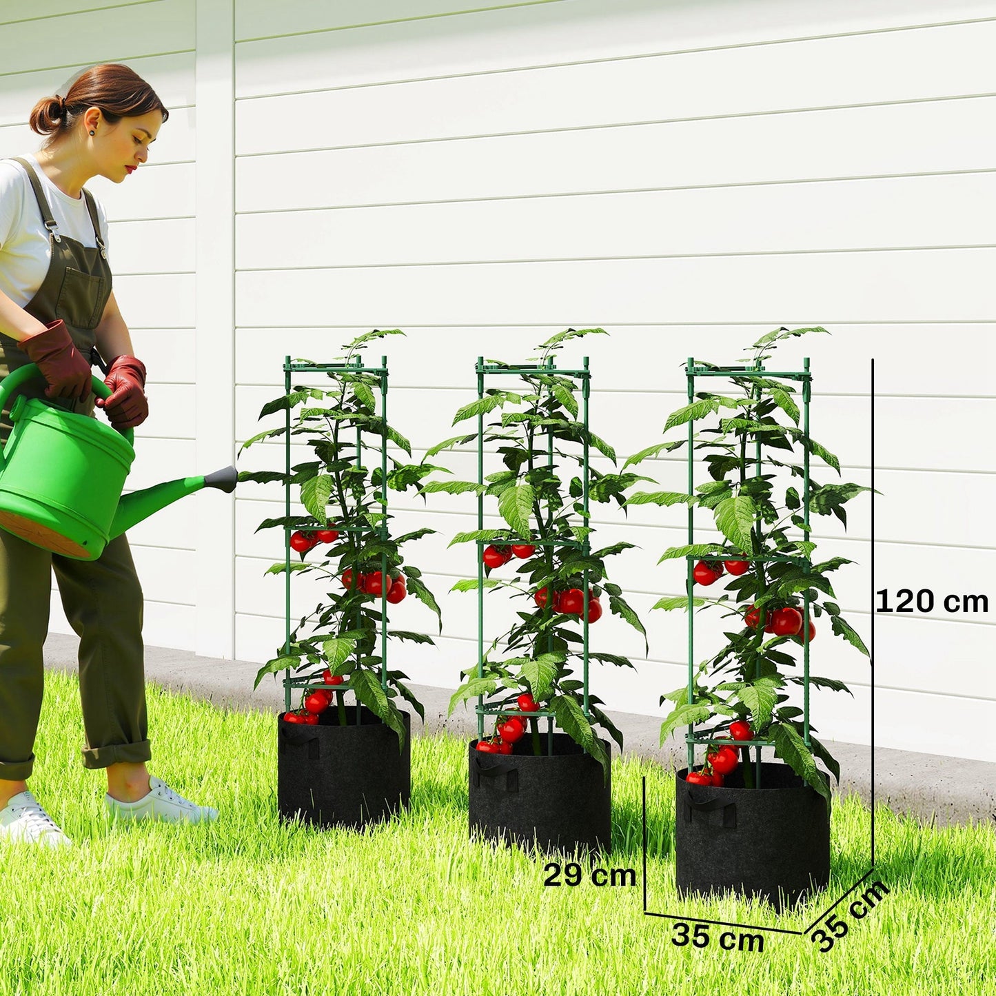 Outsunny 3 Packs Tomato Cages with 83.7L Grow Bags, 120cm Adjutstable Triangle Plant Stakes Support Trellis with Planter Bags