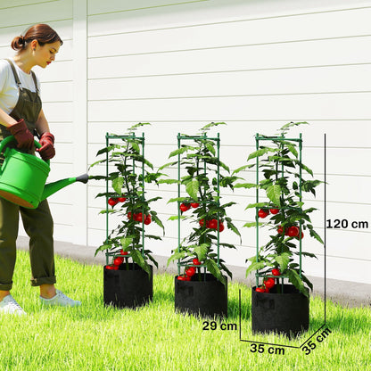 Outsunny 3 Packs Tomato Cages with 83.7L Grow Bags, 120cm Adjutstable Triangle Plant Stakes Support Trellis with Planter Bags