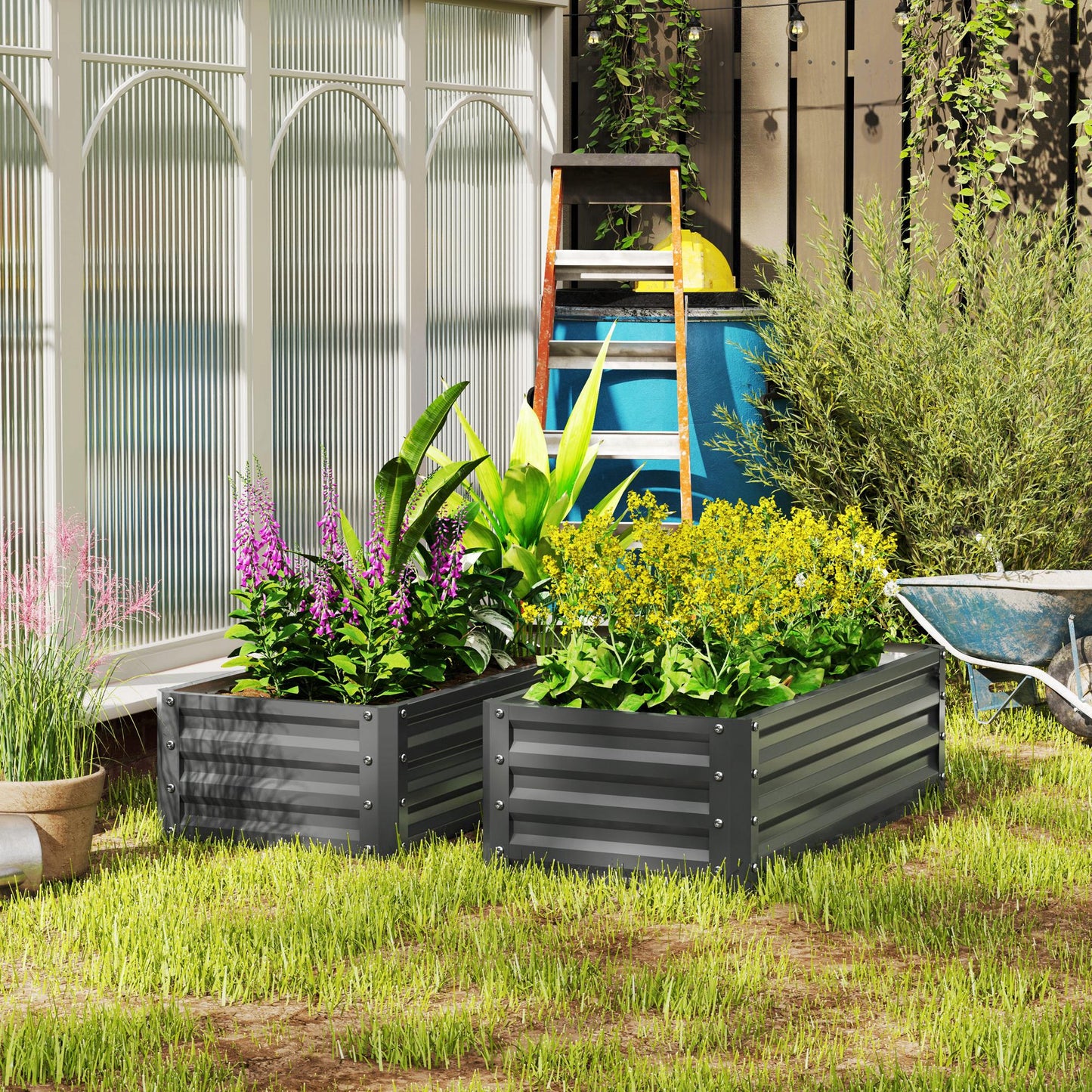 Outsunny Set of Two 110 x 50cm Steel Planter Boxes -  Light Grey