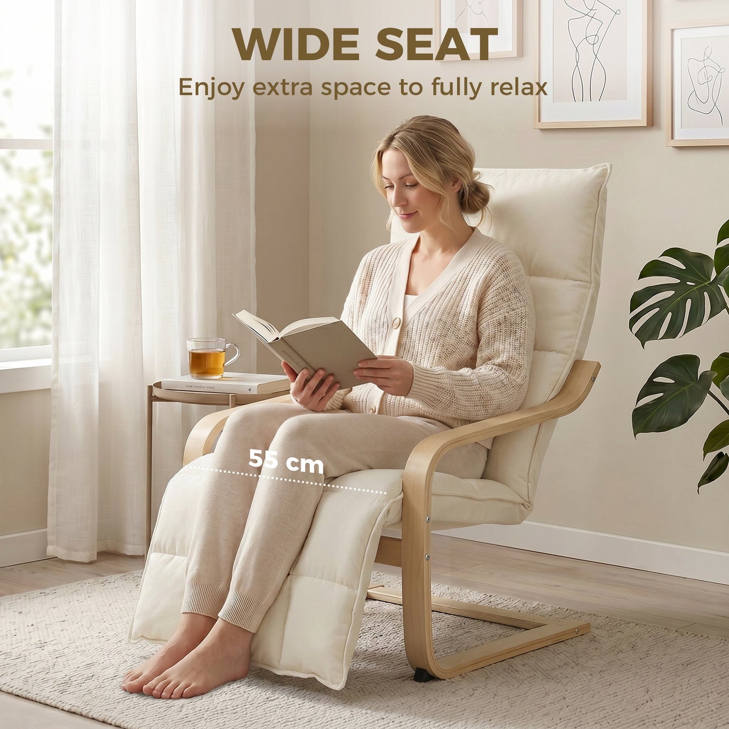 HOMCOM Modern Accent Chair, Leisure Lounge Chair Armchair with Footrest, Plush Cushion, Curved Legs and Arms, Cream White