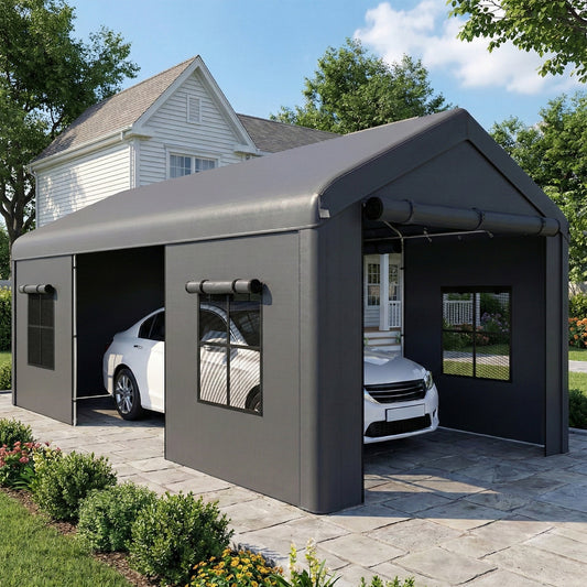 مأوى سيارات آوت سني، شديد التحمل، 3 × 6 م، خيمة مرآب سيارات محمولة مع إطار مجلفن، أبواب، نوافذ، رمادي داكن