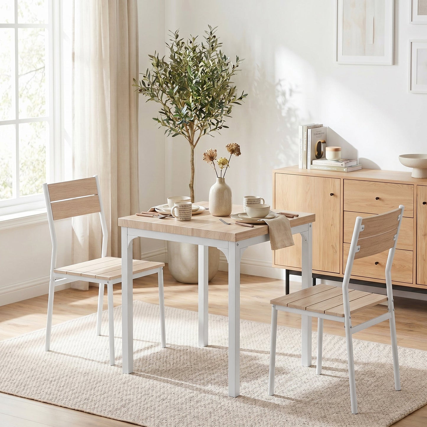 HOMCOM Three-Piece Minimal and Compact Dining Set, Oak Wood Effect