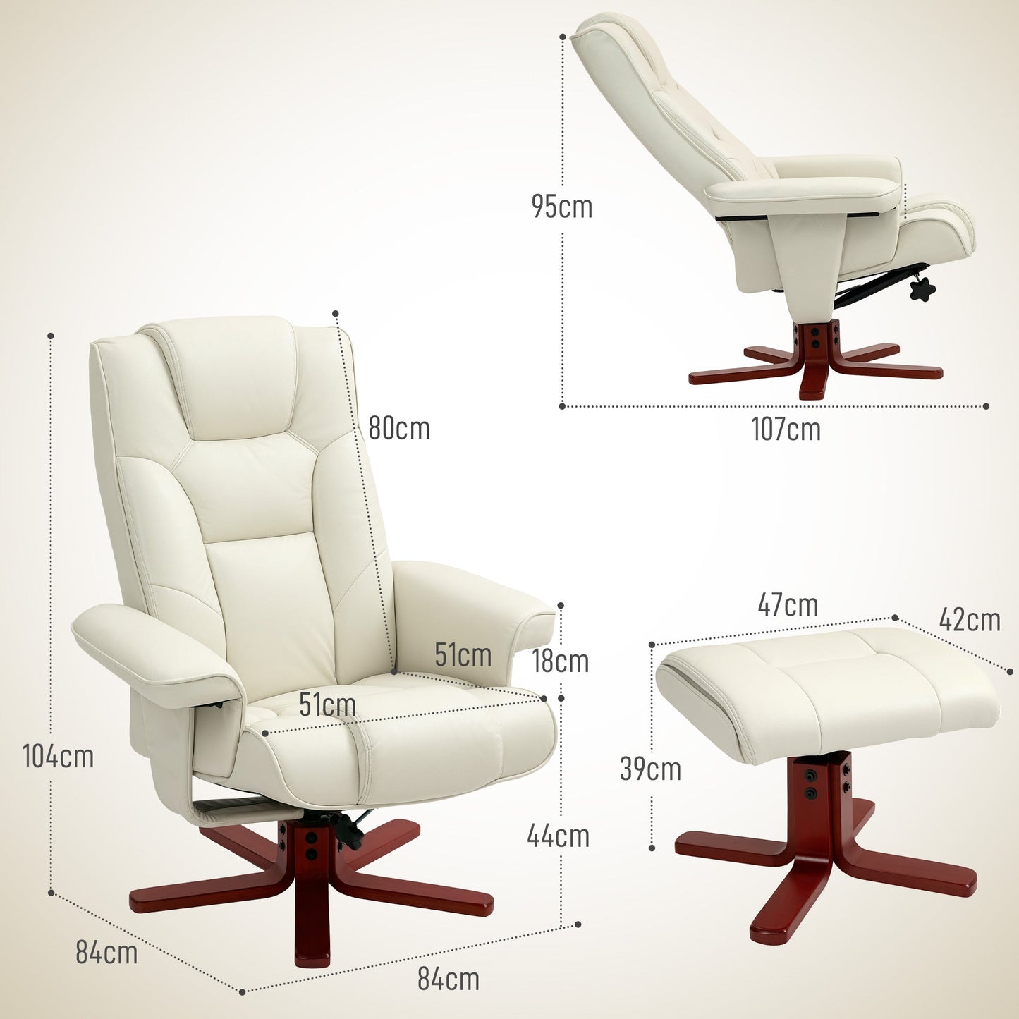 HOMCOM Faux Leather Manual Recliner and Footstool Set - Cream White