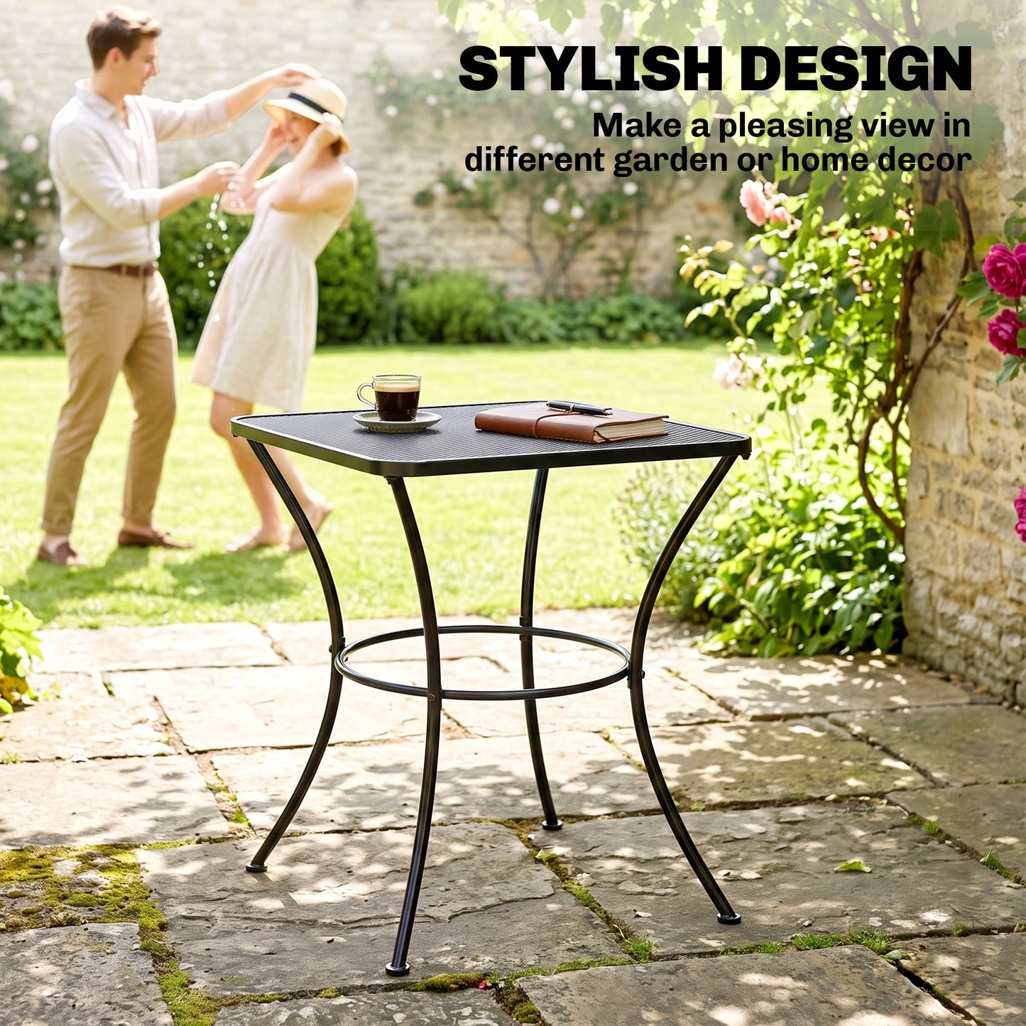 Outsunny 60cm Square Garden Table, Outdoor Metal Bistro Side Desk with Mesh Top, Black