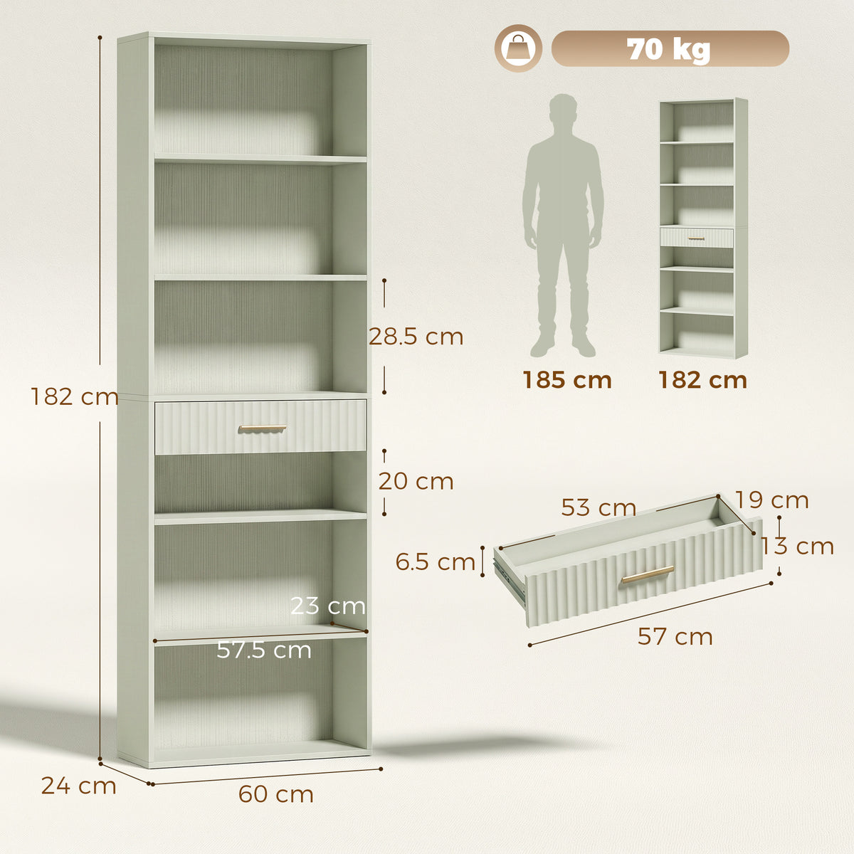 HOMCOM Bookcase Narrow Tall Space-Saving Bookshelf Drawer Open Shelves in Light Green