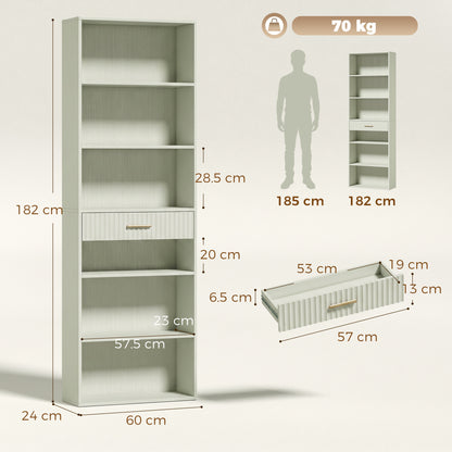 HOMCOM Bookcase Narrow Tall Space-Saving Bookshelf Drawer Open Shelves in Light Green