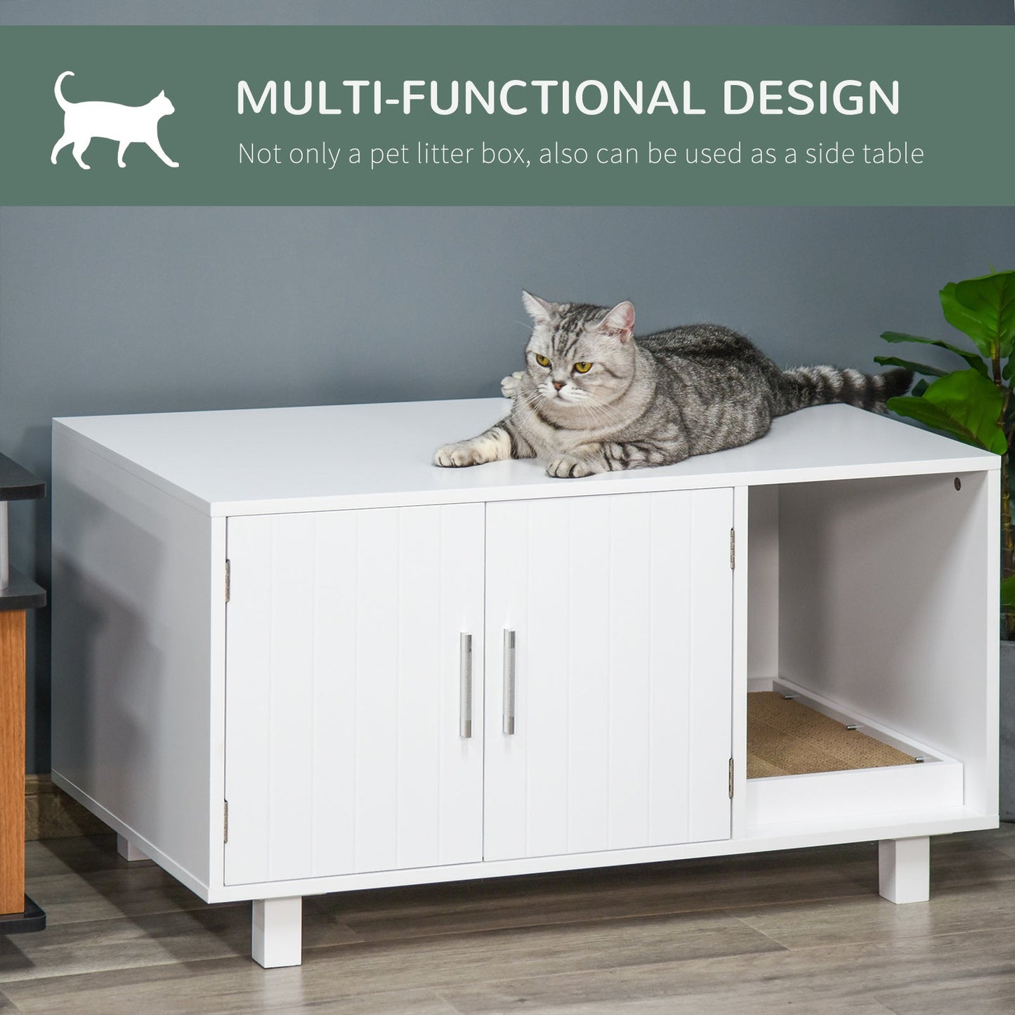 PawHut قفص وبيت خشبي لفضلات القطط بتصميم طاولة جانبية/طاولة سرير، مع خدّاشة وأبواب مغناطيسية، أبيض